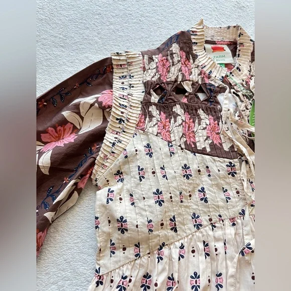 FARM RIO Ainika Maxi Floral Cream Open Yoke Mini Dress XXS - Picture 11 of 16